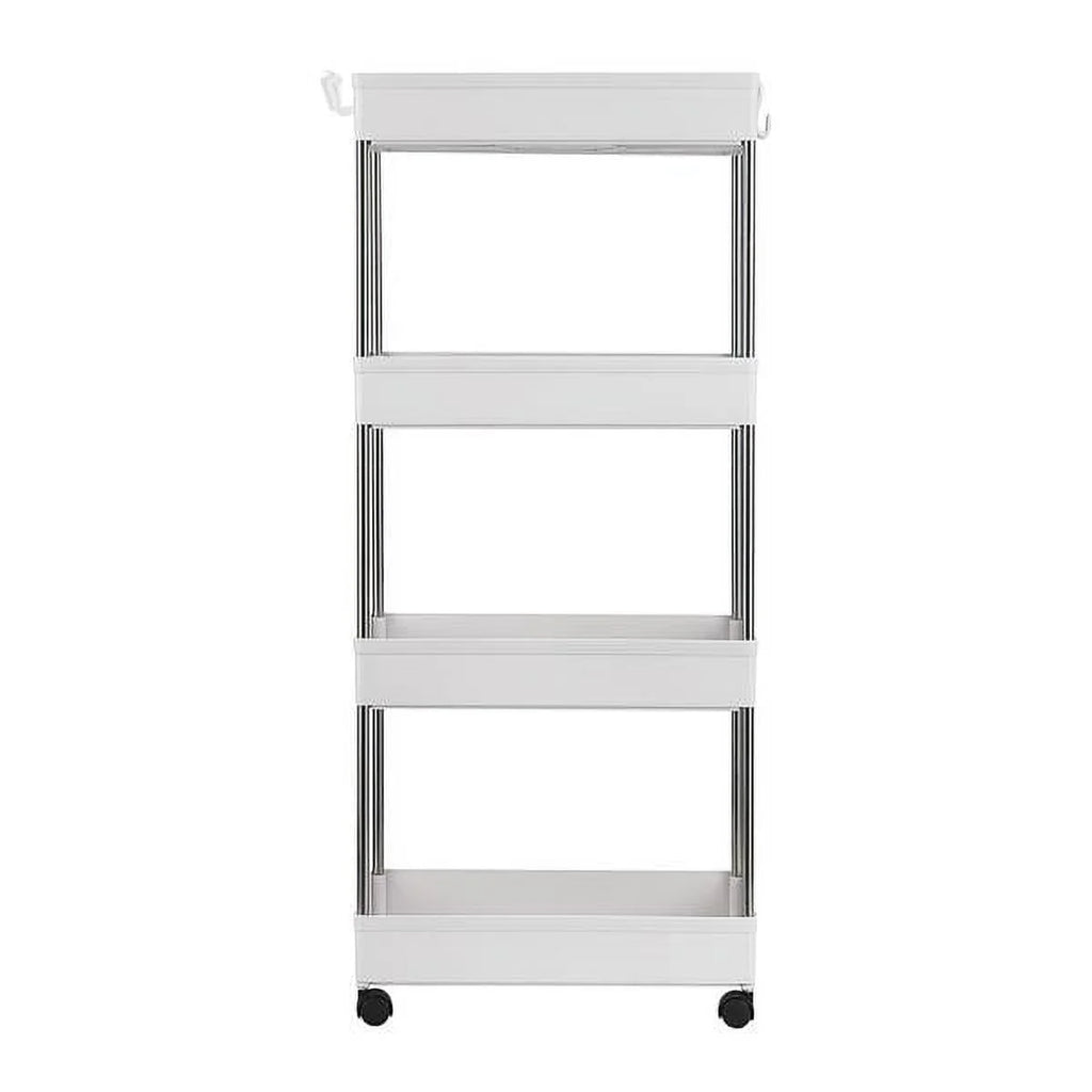 SYTHERS 4-Tier Rolling Storage Cart with 4 hooks, Utility Cart with Wheels, for Kitchen, Bathroom, Laundry Room, Plastic and Stainless Steel, White