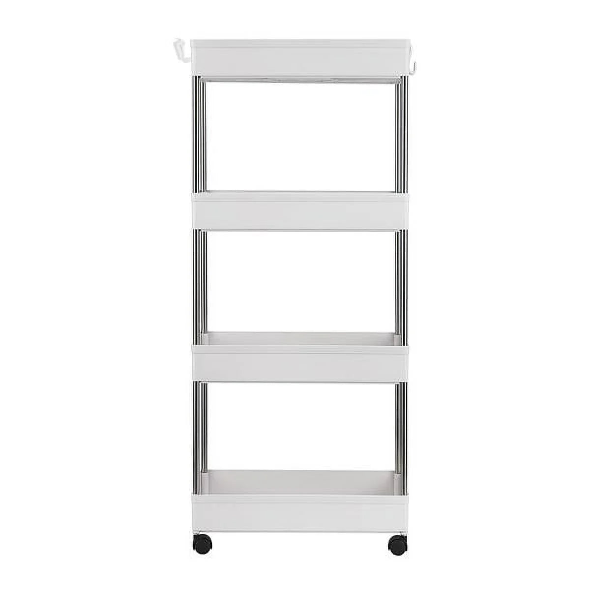 SYTHERS 4-Tier Rolling Storage Cart with 4 hooks, Utility Cart with Wheels, for Kitchen, Bathroom, Laundry Room, Plastic and Stainless Steel, White