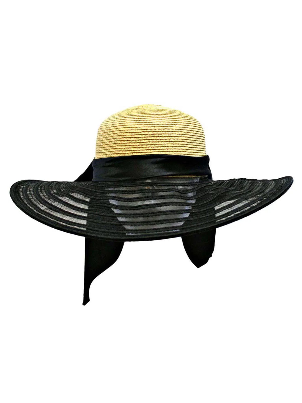 Wheat & Black Wide Brim Floppy Hat Large With Satin Bow