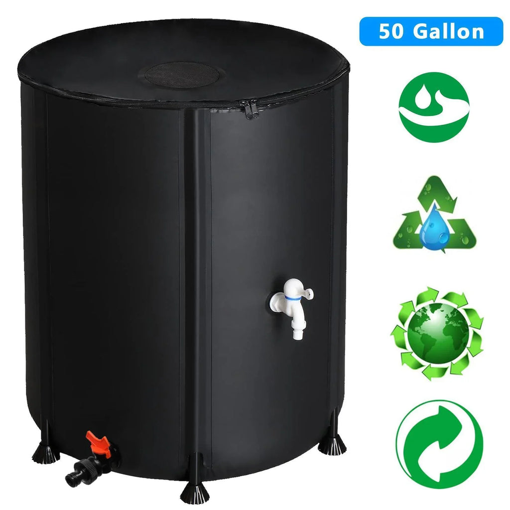 Portable Rain Barrel Water Collector Tank with Spigot Filter Black 50 Gallon