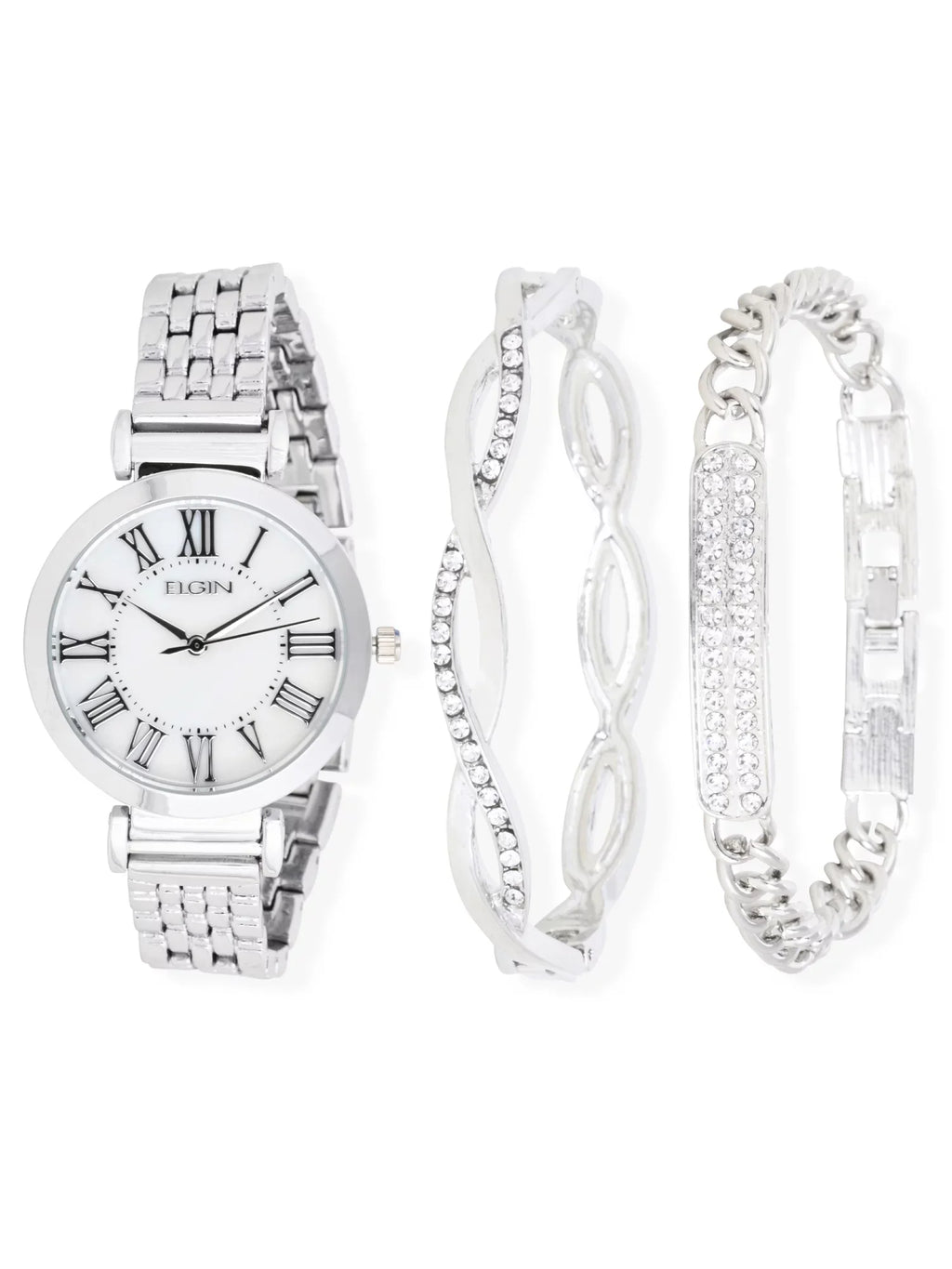 Elgin Adult Female Analog Watch Set with Round Mother of Pearl Dial in Silver - EG17004SST