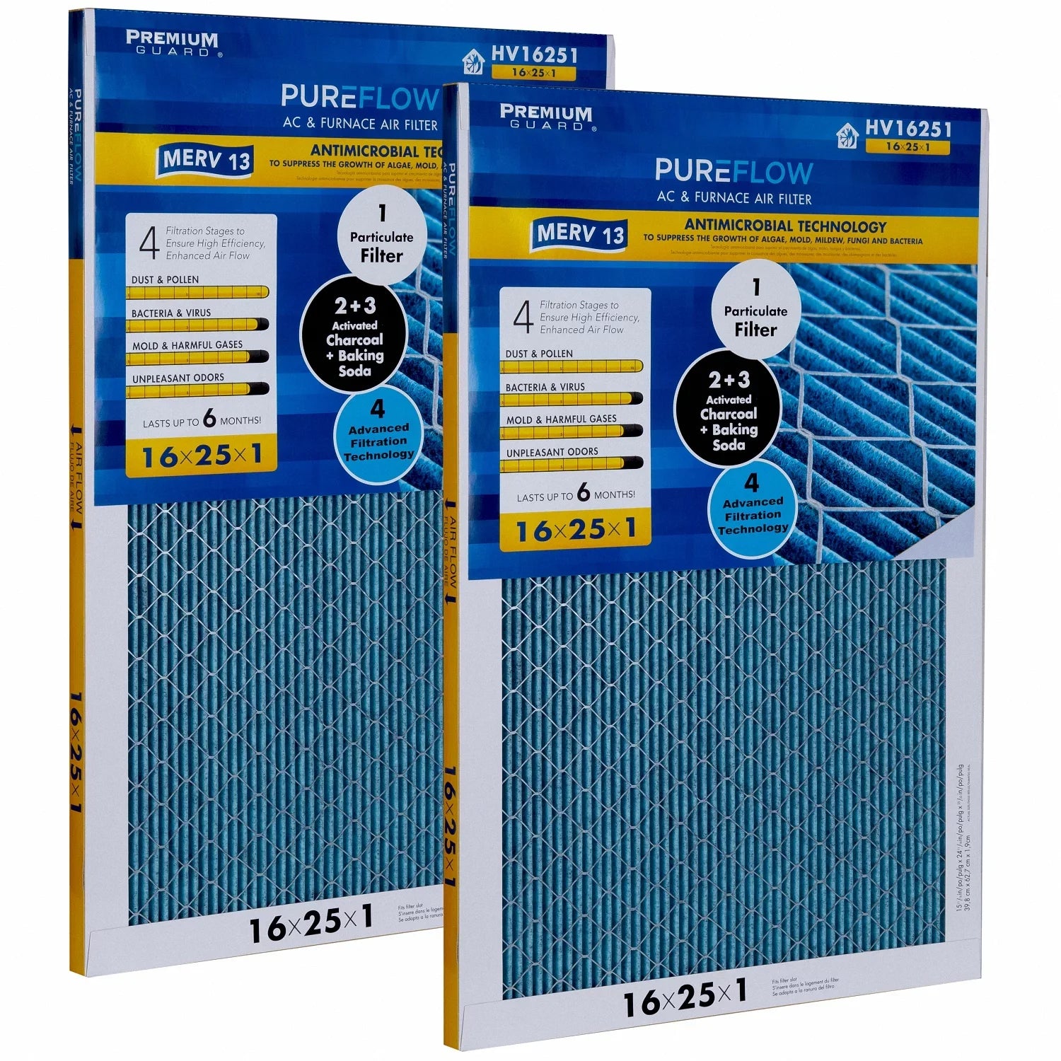 PureFlow, Home Furnace Air Filter 16x25x1, with 4 Layers of Advanced Filtration Technology, MERV-13 Pack-of-2