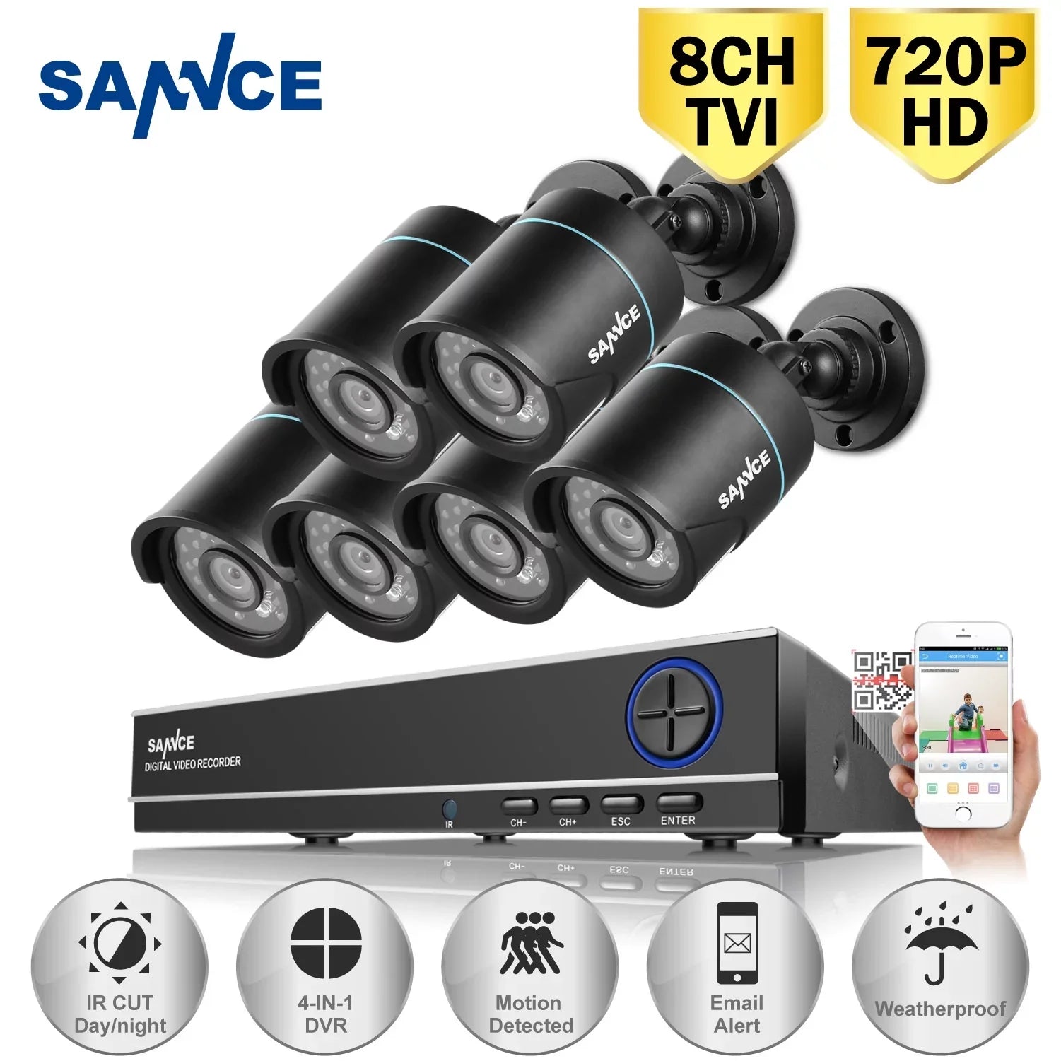 SANNCE 8CH 960H HD DVR 6Pcs 720P IR Outdoor CCTV Home Security System Cameras Surveillance Video Kits with Motion Detection, No HDD Included