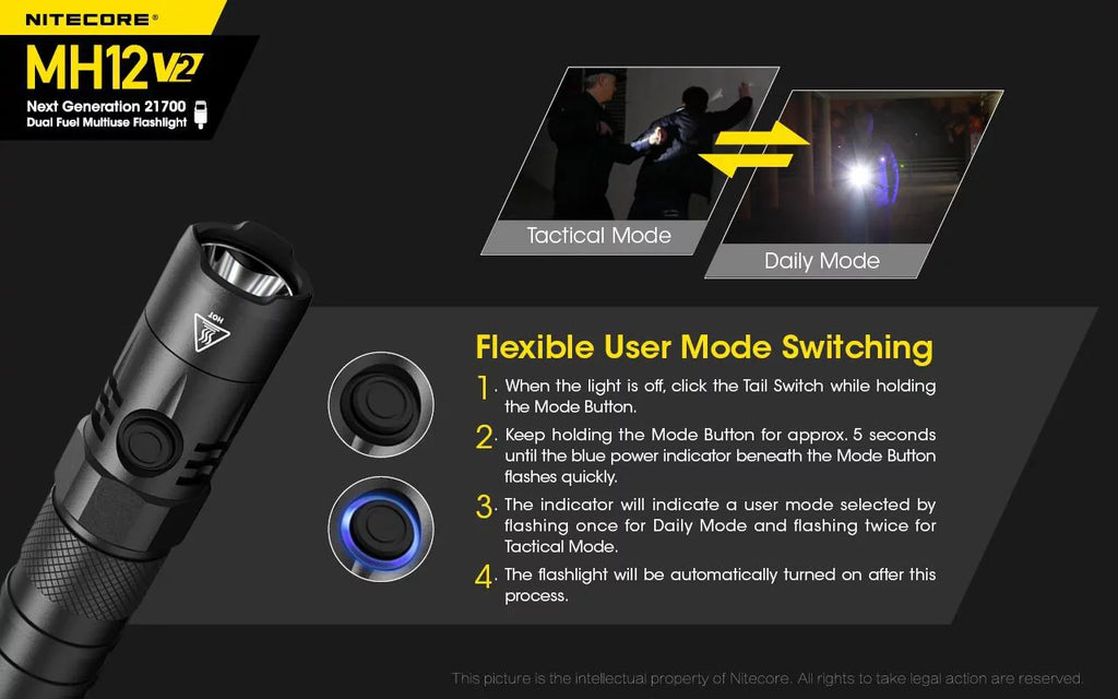 Combo: Nitecore MH12 V2 CREE XP-L2 V6 LED Flashlight -1200 Lumens -21700 Battery (Included) + NL2140 21700 4000mAh Battery
