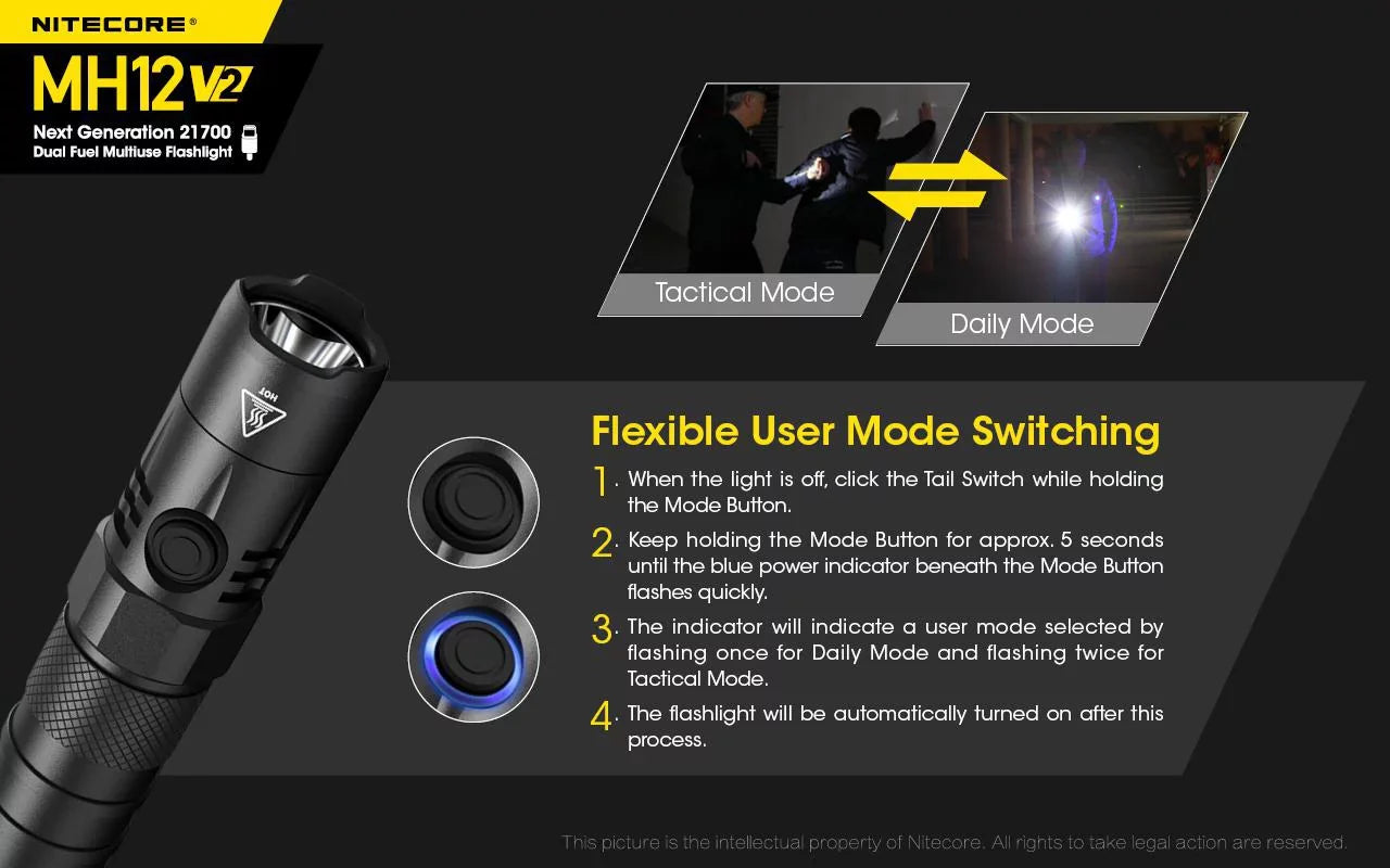 Combo: Nitecore MH12 V2 CREE XP-L2 V6 LED Flashlight -1200 Lumens -21700 Battery (Included) + NL2140 21700 4000mAh Battery
