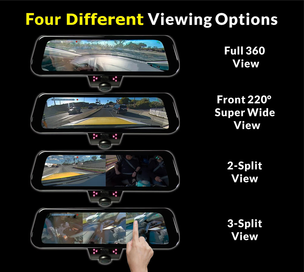 RYDEEN 360 View Surround View 4K Dash Camera 10-inch Touchdisplay Frameless Rearview Mirror with TFT Monitor w/ Auto Brightness Day/Night, DIY Install, Backup Video-in