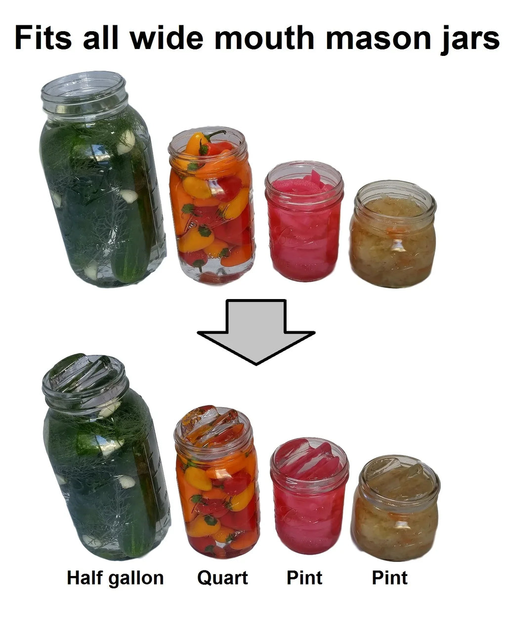 Canning kit. Complete DIY fermentation kit for wide mouth mason jars or pickling jars for 7 sets for making pickles, sauerkraut, kimchi, etc  Glass weights, tamper, airlock lids, and recipe included.