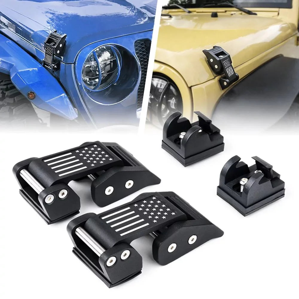 Xprite Black Aluminum Hood Latch Kit with U.S. Flag for 2007-2018 Jeep Wrangler JK & 2018+ Jeep Wrangler JL