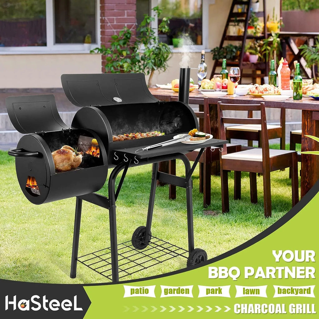 Outdoor BBQ Grill, Barrel Charcoal Grill with Offset Smoker, Camping Barbecue Grill for Patio Backyard Garden Party Picnic, Large 420.SQ.IN Cooking Area, 2 Screwdrivers & 6 Hooks - Black