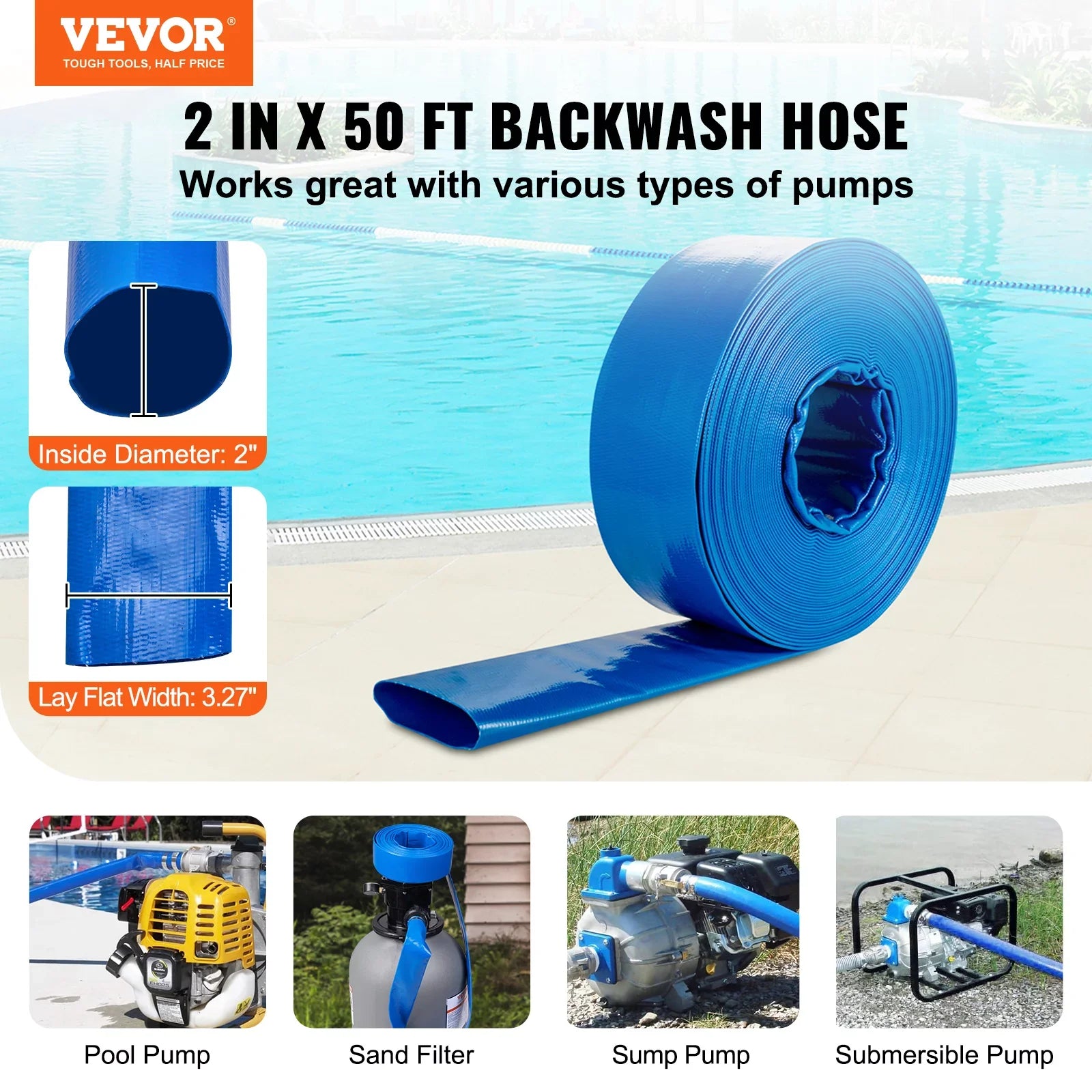 BENTISM Swimming Pool Filter Backwash Hose with Clamps 2'' x 50' Premium PVC Lay FLatitude Discharge Hose Blue Weather and Chemical Resistant