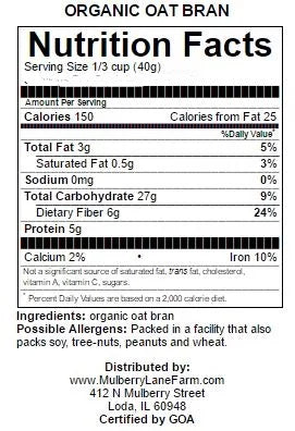 Oat Bran 10 Pounds (Ten lbs) USDA Certified Organic, Non-GMO, Bulk by Mulberry Lane Farms