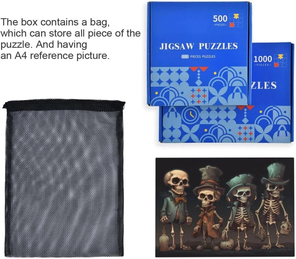 Dreamtimes 500 PCS Wooden Jigsaw Puzzle Halloween Skeleton Print, Zigsaw with Alphabet Partition Storage Bag, Puzzle for Adults, Challenging Brain Exercise Family Game Gift for Kids Friends Parents