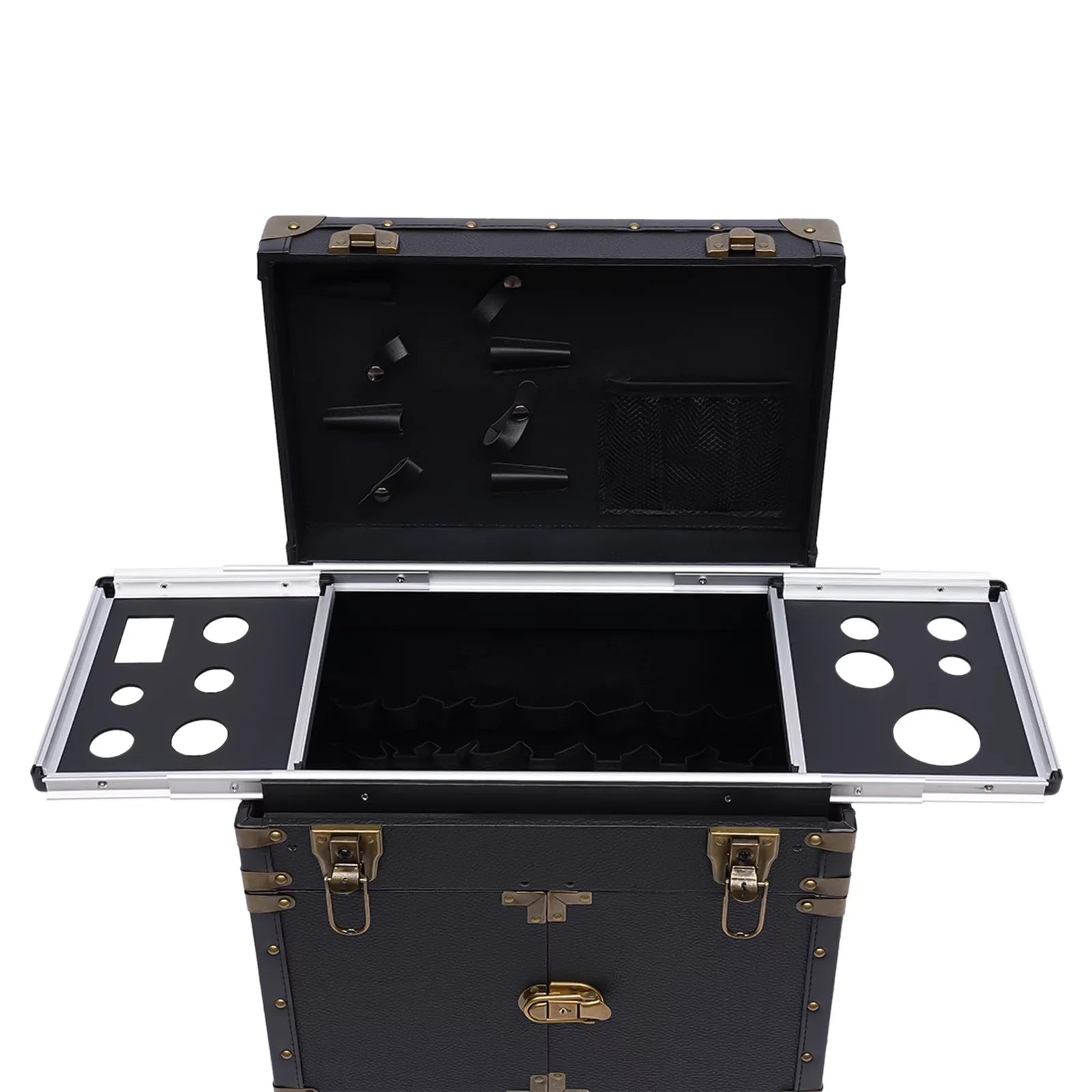 Miumaeov Rolling Lockable Makeup Train Case, Hairdressing Trolley Stylist Beauty Salon Cosmetic Luggage, Travel Organizer Tool Box with Hair Dryer Holder