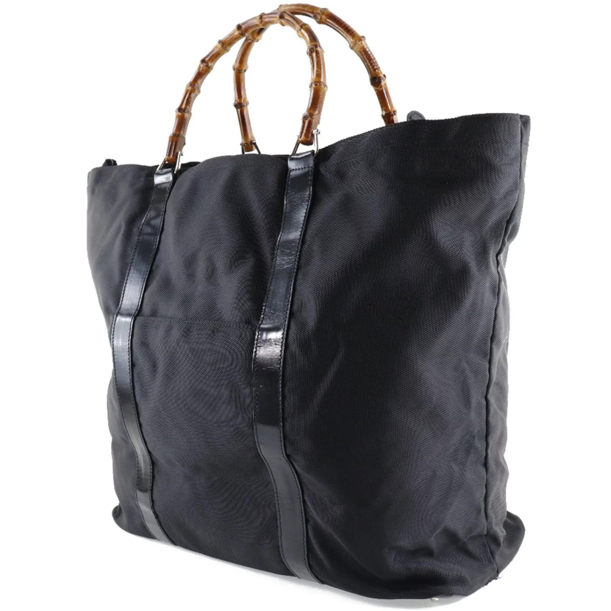 Pre-Owned GUCCI Gucci Bamboo Bag 002-2058-0412-5 Nylon Canvas x Leather Black Unisex Tote (Fair)