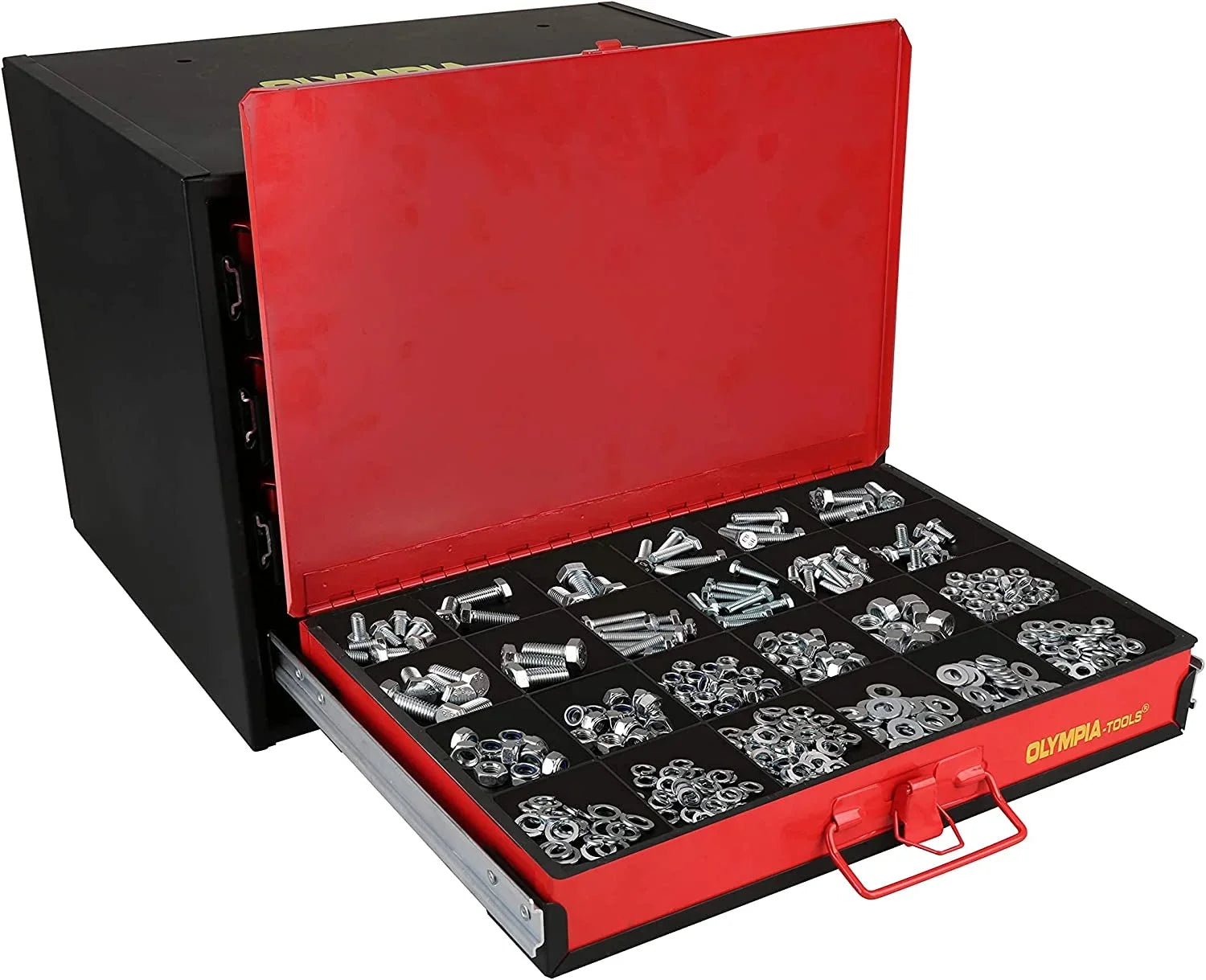 QCAI 90-806 4-Drawer Hardware Organizer includes 2500-pieces Small Hardware, black/red