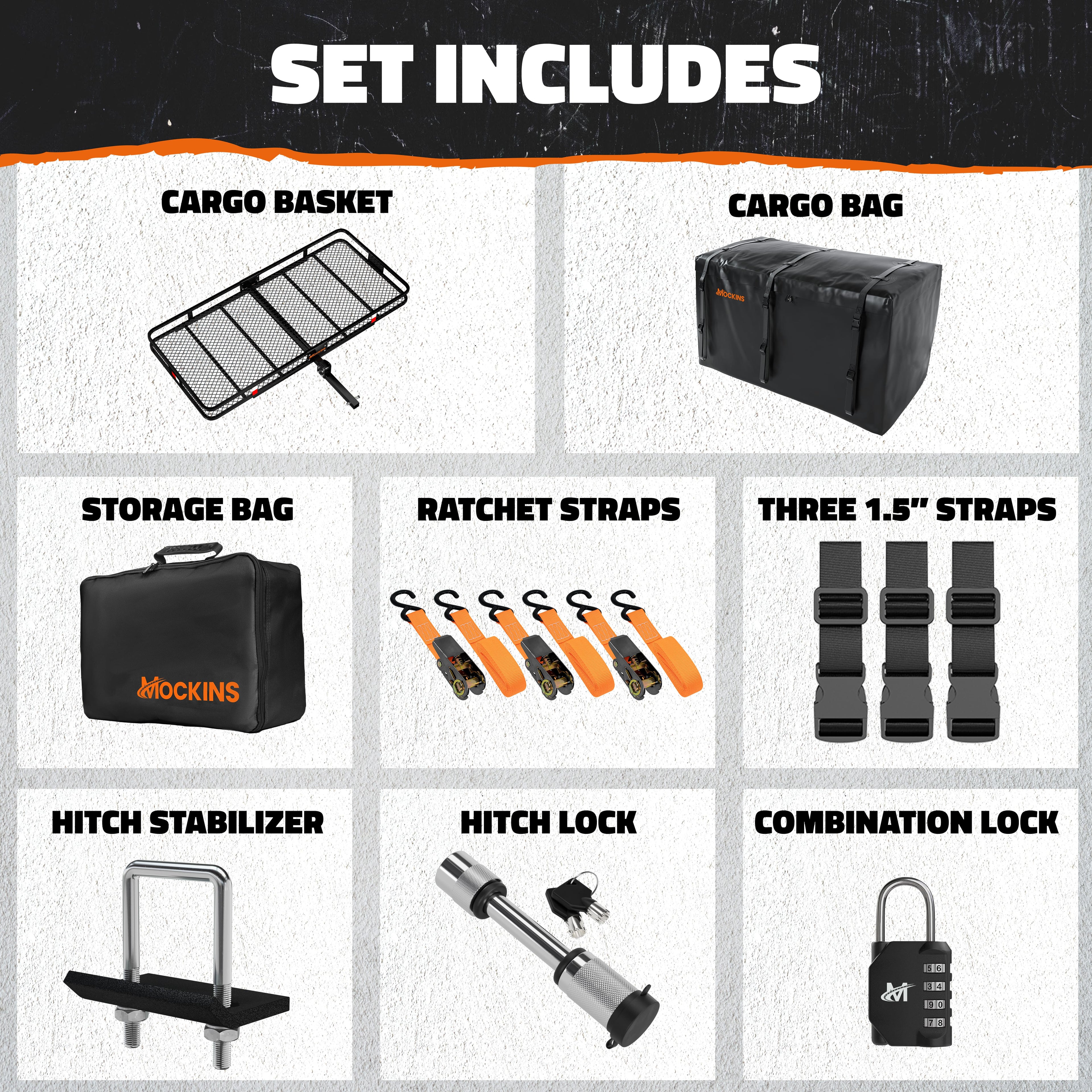 Mockins 70"x30"x6" XXL Trailer Hitch Cargo Carrier Hitch Mount | 500lbs Cap. Hitch Basket with 40 CF Bag & Foldable Arm