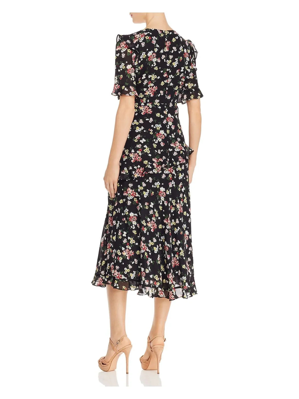 JILL JILL STUART Womens Black Floral Short Sleeve V Neck Below The Knee Evening Fit + Flare Dress 2