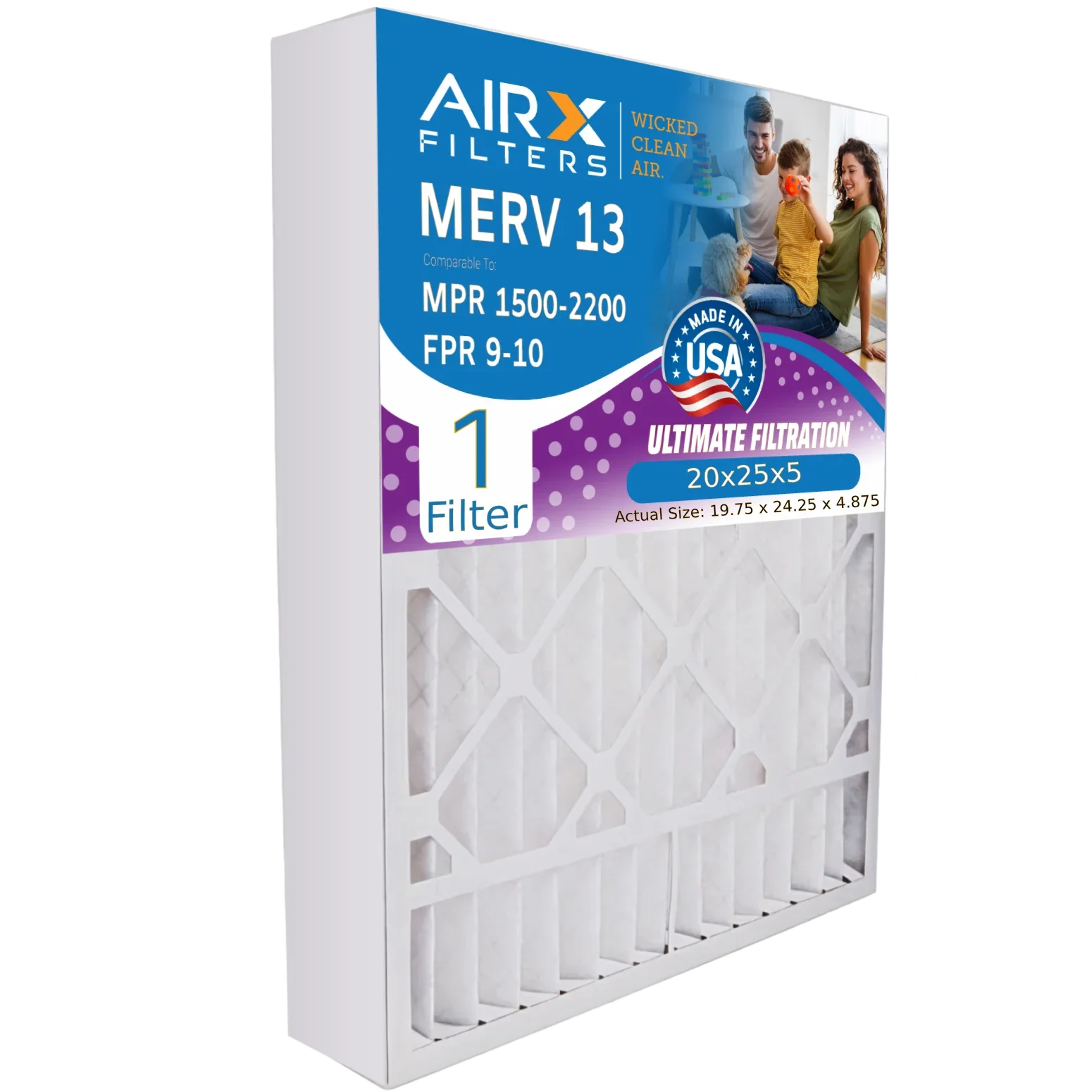 20x25x5 Air Filter MERV 13 Comparable to MPR 1500 - 2200 & FPR 9 Compatible with Air Bear 255649-102 Premium USA Made 20x25x5 Furnace Filter 1 Single Filter by AIRX FILTERS WICKED CLEAN AIR.